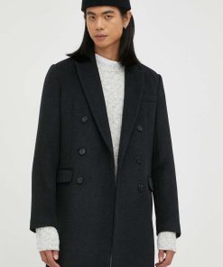 Bruuns Bazaar palton din lana culoarea negru, de tranzitie, cu doua randuri de nasturi 9BYX-KPM001_99X