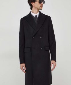 BOSS palton de lana culoarea negru, de tranzitie, cu doua randuri de nasturi 9BYX-KPM016_99X
