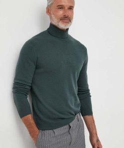 United Colors of Benetton pulover de lana barbati, culoarea verde, light, cu guler 9BYX-SWM0AA_96X
