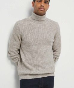 Medicine pulover din amestec de lana barbati, culoarea bej, cu guler ZBYX-SWM709_08M
