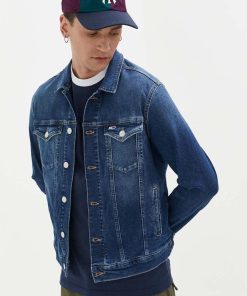 Tommy Jeans geaca jeans barbati, culoarea albastru marin, de tranzitie PPYX-KUM0GJ_59X